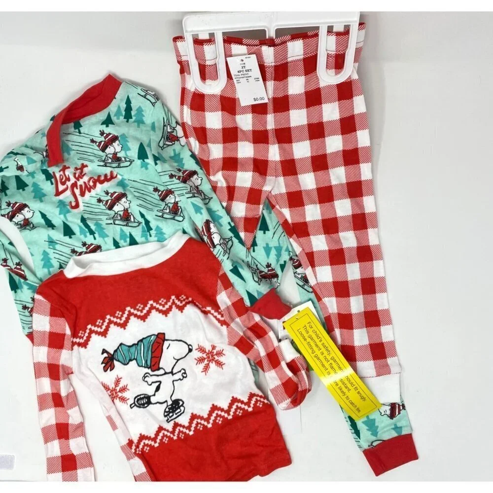 Target Toddler 4pc Snug Fit Snoopy Let It Snow Cotton Pajama Set Blue Red 2T 3T